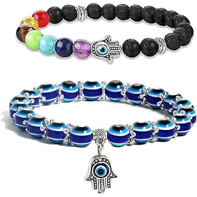 Pulseras contra el mal de ojo Pulseras con cuentas de Fátima de mano Pulsera de protección con amuleto elástico de ojo azul 2 piezas