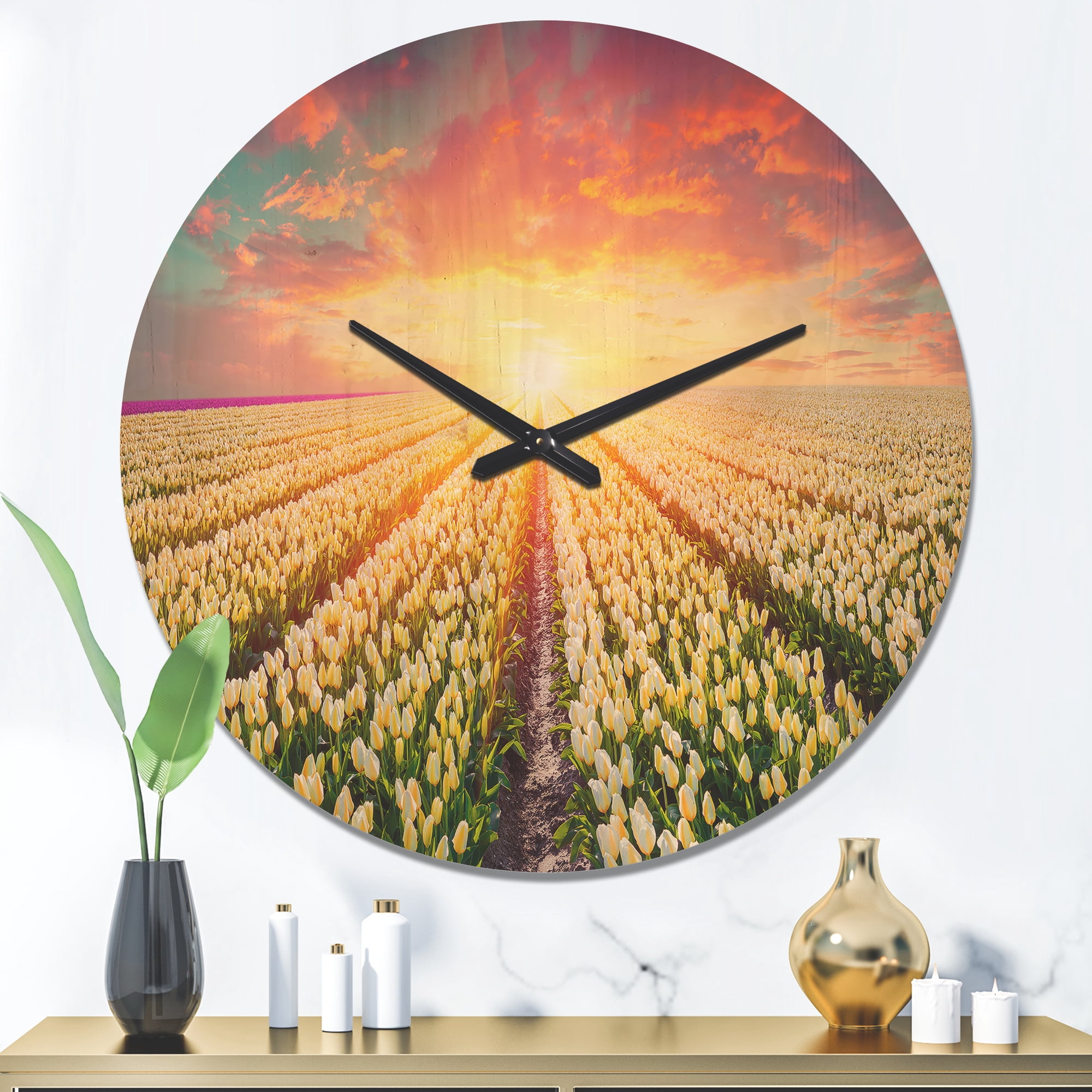 Designart 'Blooming White Tulips at Sunrise' Farmhouse Wood Wall Clock