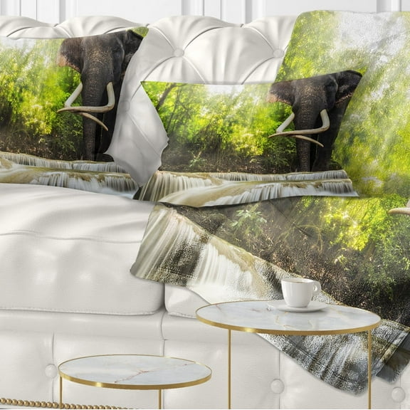 Designart Erawan Waterfall with Elephant - Photography Throw Pillow - 12x20