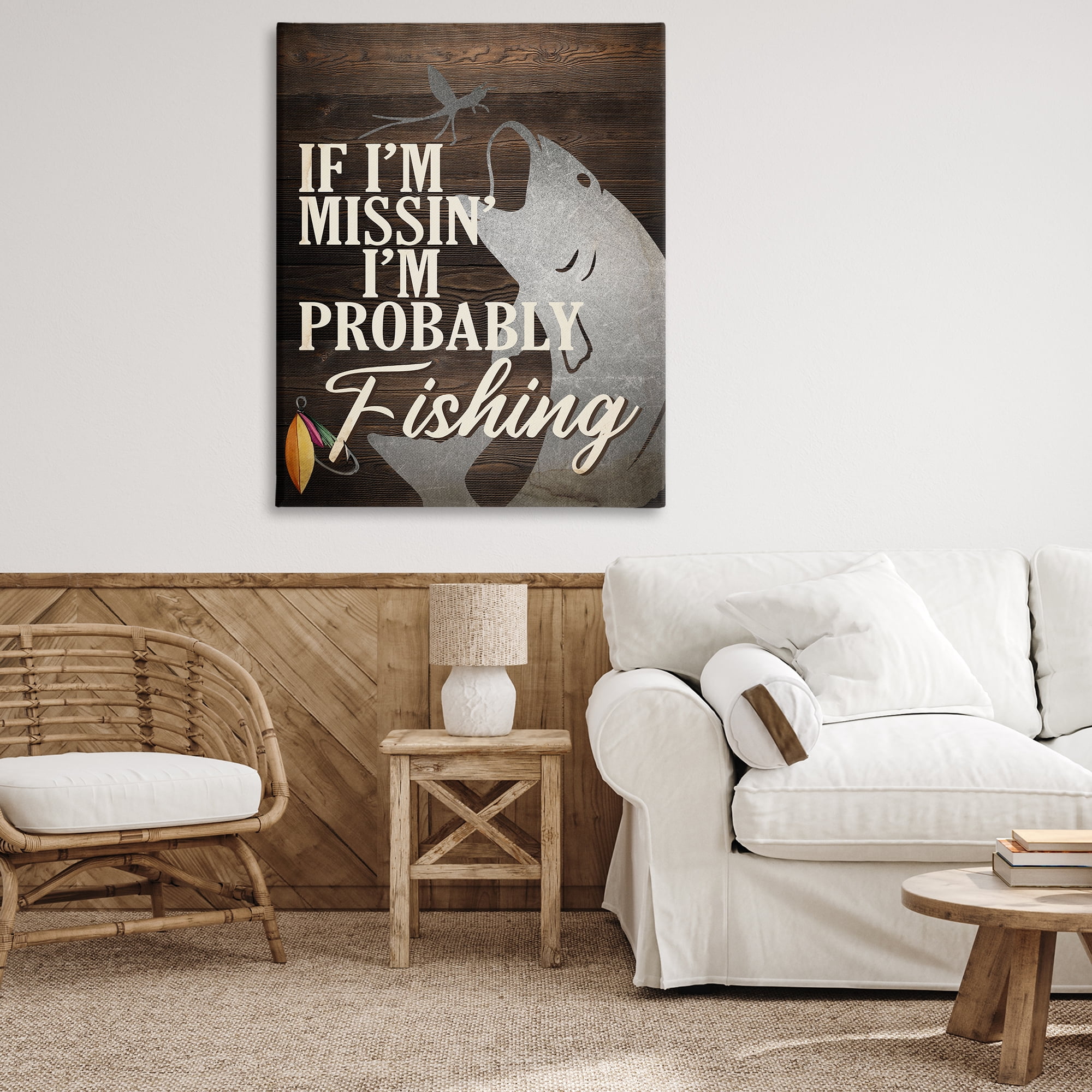 Stupell Industries Rustic Probably Fishing Animals Painting Wrapped Canvas Art Print Wall Art, 36 x 48