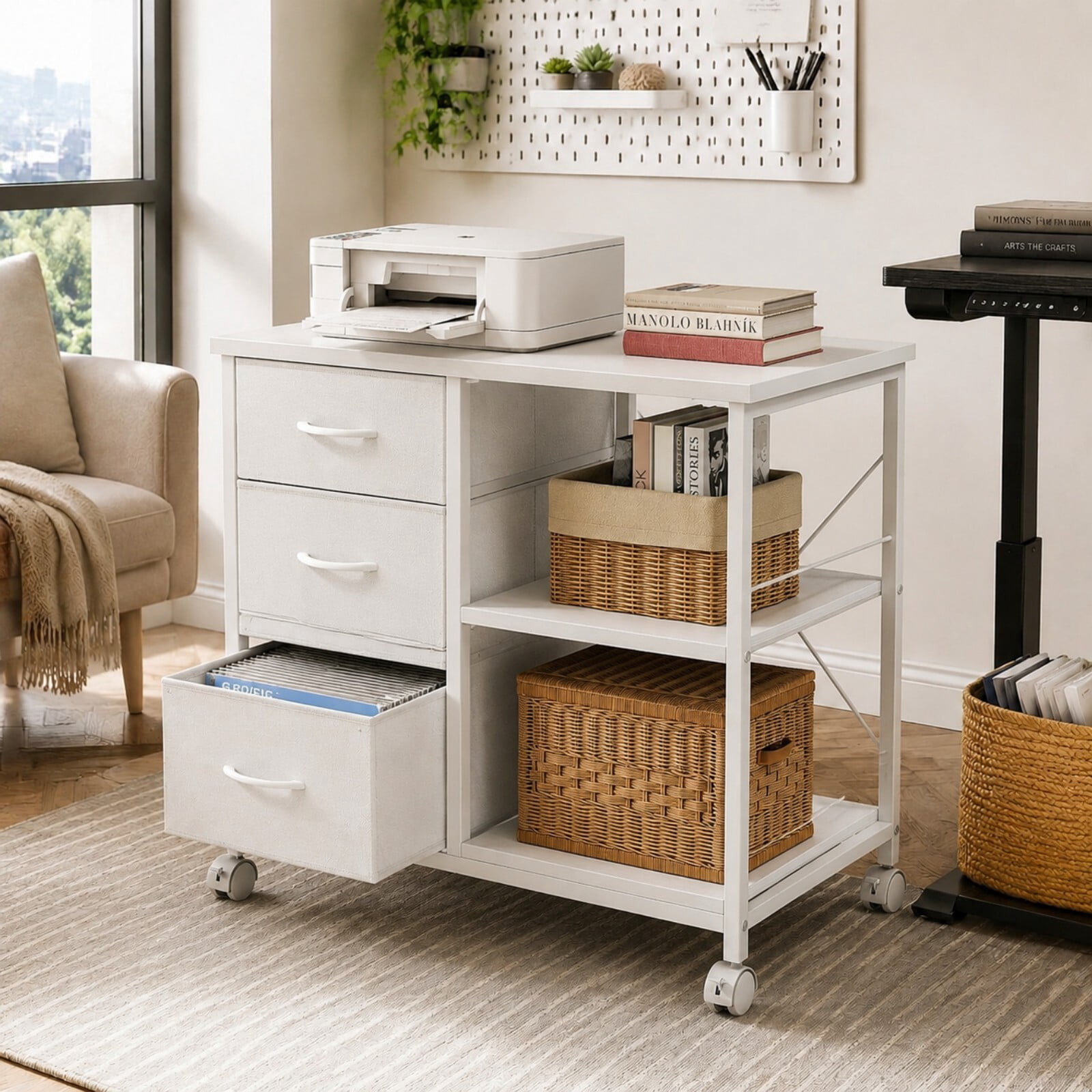 Kelno Rolling File Cabinet with Adjustable Shelf 3 Fabric Drawers Lockable Wheels, White