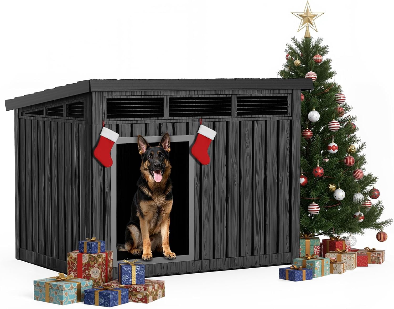 OFFIGAM Weatherproof Dog House Black Indoor Outdoor Medium Large with Air Rod Roof 32.2x25.12x24.13in