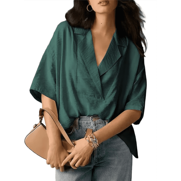 Blusa Informal Elegante para Mujer, de Negocios, de Corta, con Cuello en V y Tapeta, Camisa de Trabajo Verde Talla S
