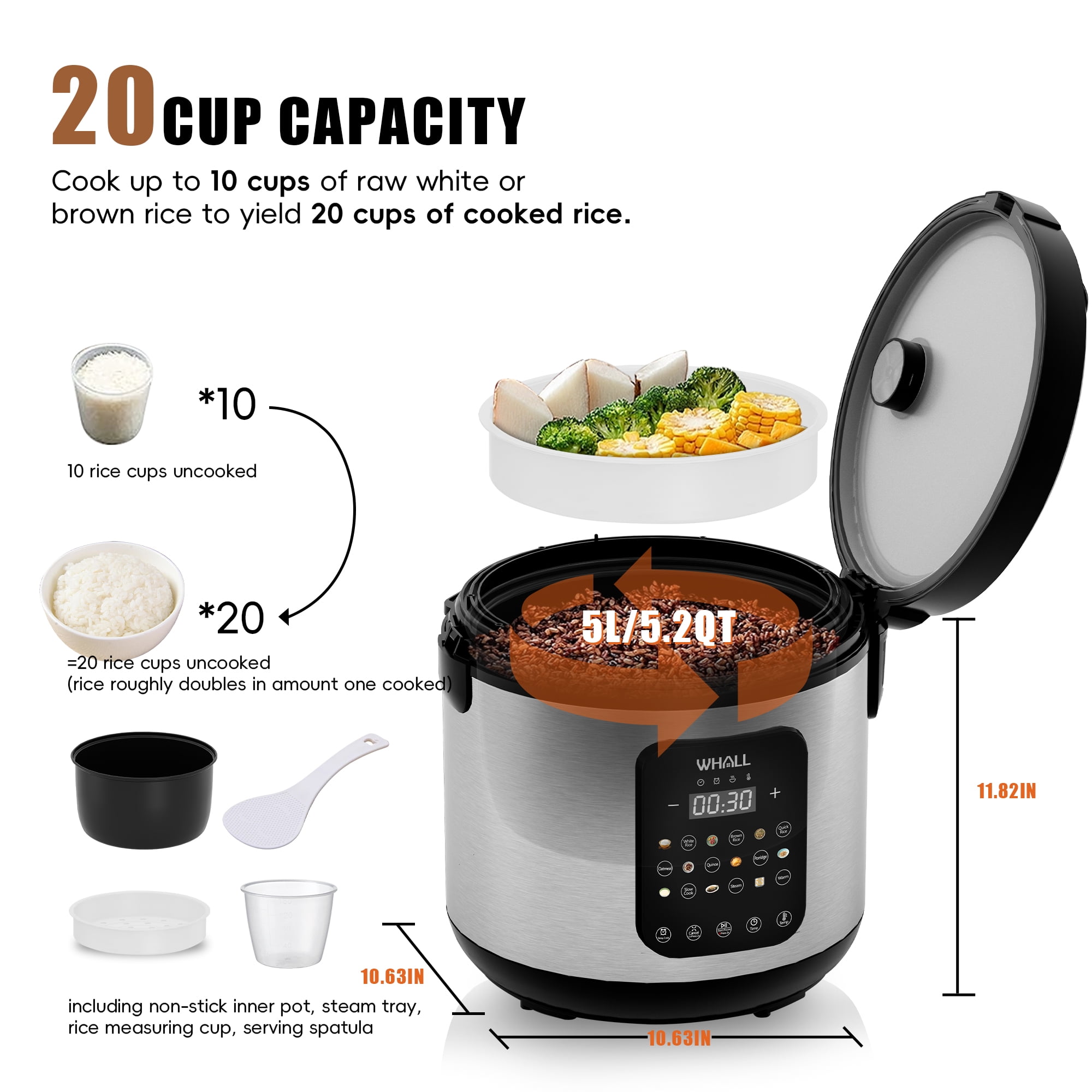 WHALLSE Digital Rice Cooker – 10-Cup Uncooked / 20-Cup Cooked Capacity, Multi-Function Steamer, Slow Cooker, Oatmeal Setting, Auto Keep Warm Feature, 5 Qt, Stainless Steel New