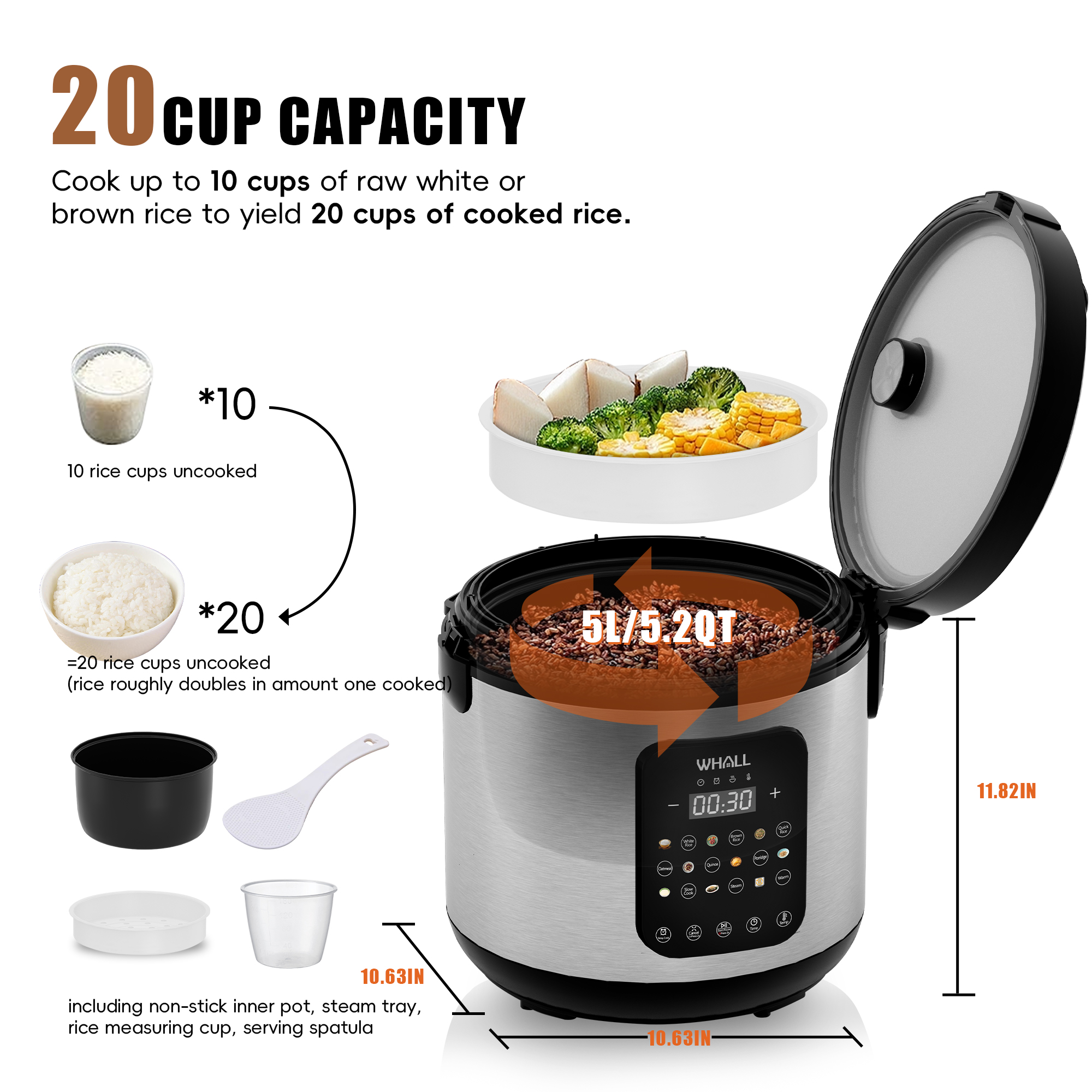 Whallse Digital Rice Cooker, 10-Cup Capacity, Stainless Steel photo 3