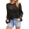 thumbnail image 2 of Qzwdhjm Crochet Swimsuit Coverup Top for Women Cropped Long Bell Sleeve Beach Tops Hollow Out Crewneck Bathing Suit Cover Up for Summer Beach, 2 of 9