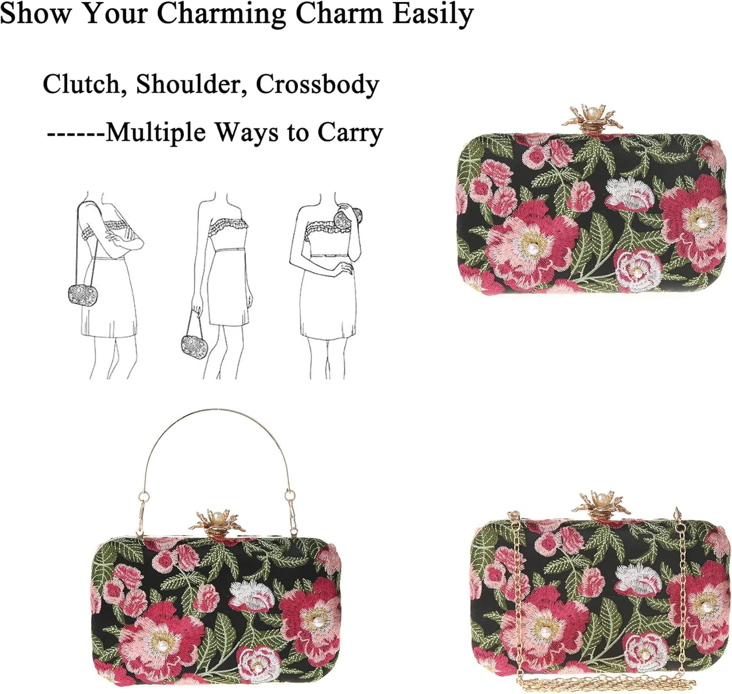 Womens Vintage Floral Embroidery Clutch Evening Handbag Shoulder Bags Purse for Wedding Party Prom