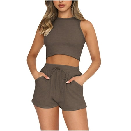 

Dadaria 2 Piece Outfits for Women Summer Shorts Suit Solid Color Vest Short Sleeves Cropped Navel Body Sculpting Clothing Khaki L Female