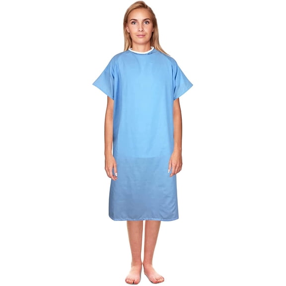 DMI Hospital Gown for Women or Men, Patient Gown, Back Tie and Side Tape Tie, 38 Inches Long, Blue, 12 Count