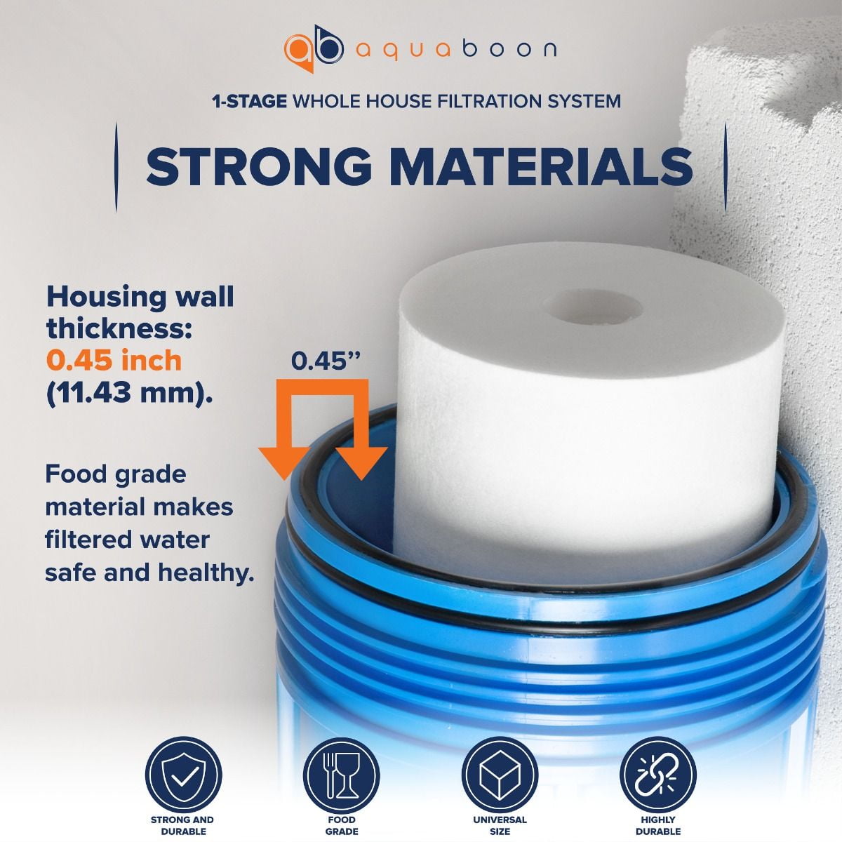 Aquaboon 20" x 4.5" Whole House Water Filter System (1"Port)+ Bracket+5 Micron Sediment Filter Cartridge | Certified According to NSF | Compatible with Geekpure 124-20&PP, Ronaqua RA-124-20-P