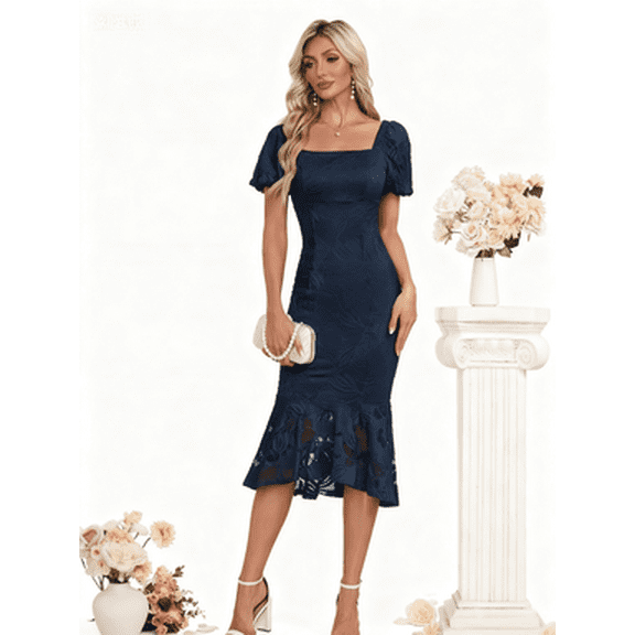 Square Short Sleeve Trumpet/Mermaid Lace Midi Dress
