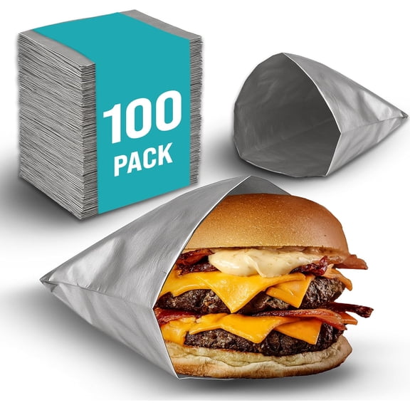 100 Pack Aluminum Foil Hamburger Bags – Grease-Resistant Burger Wrappers for Hot Sandwiches, Paninis, BBQ, Pretzels & More – BPA-Free, Disposable Takeout Food Sleeves by