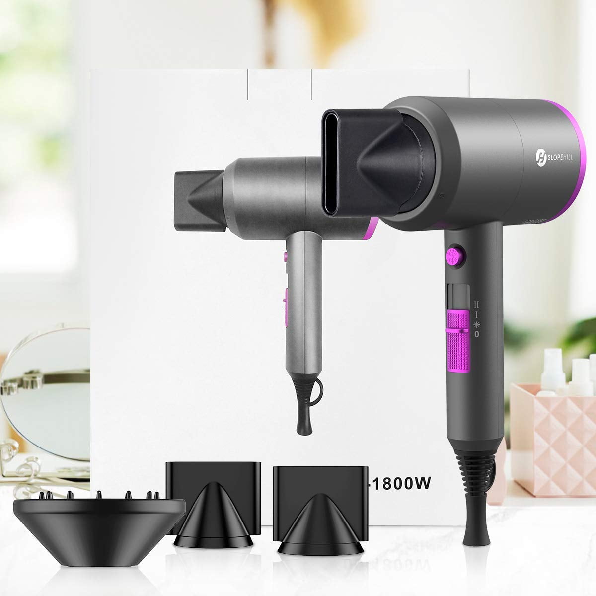 Professional Ionic Hair Dryer, Powerful 1800W Fast Drying Low Noise Blow Dryer with 2 Concentrator Nozzle 1 Diffuser Attachments for Home Salon Travel