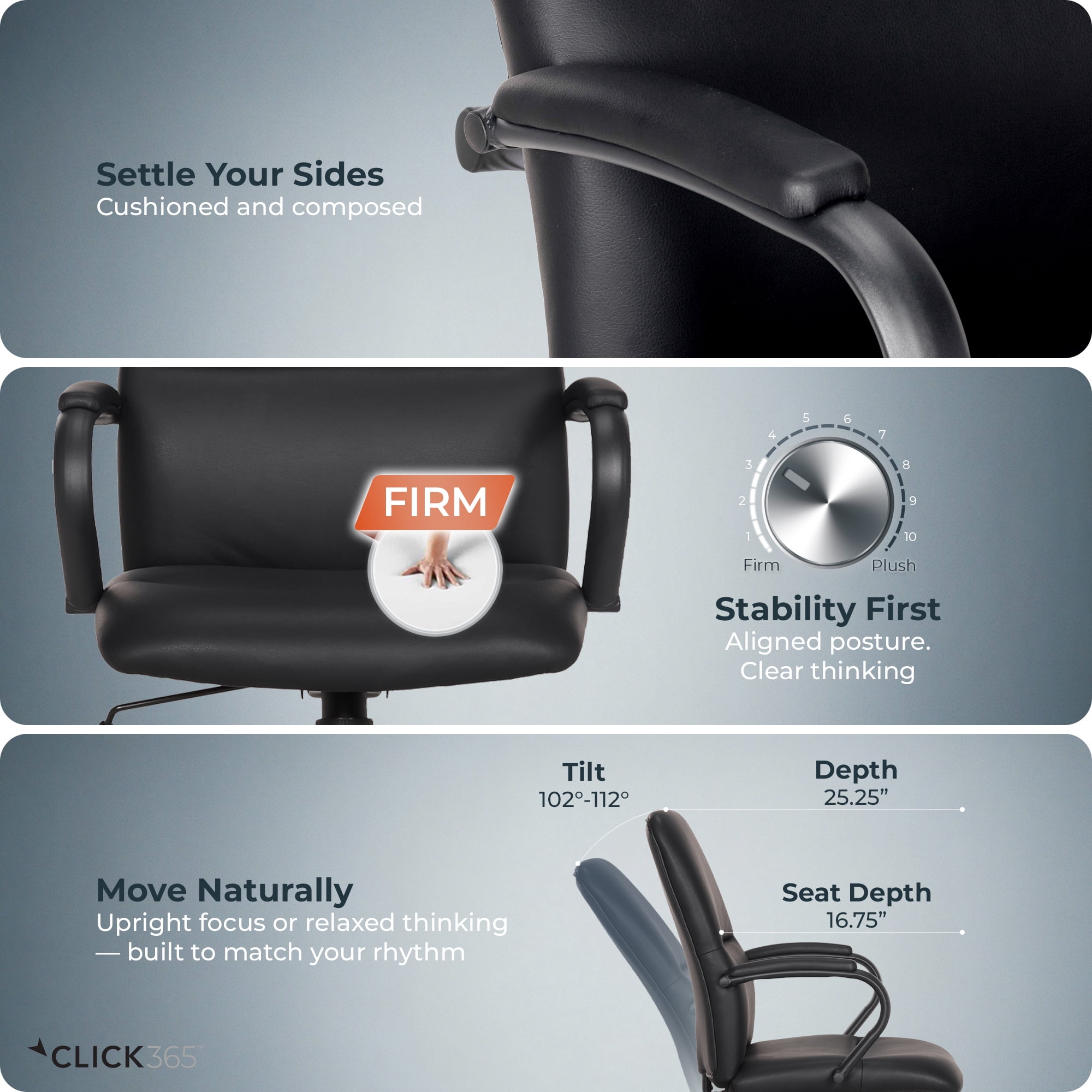 Click 365 Adult Polyurathane Mid Back Indoor Commercial Ergonomic Office Chairs Hardware Kit, Black