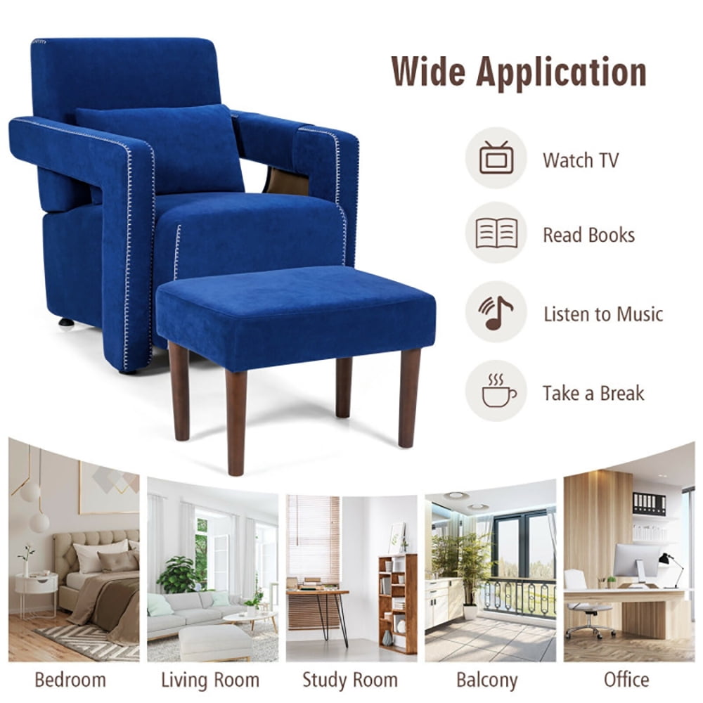 Finihen Accent Single Sofa Chair with Ottoman, Modern Berber Fleece Single Sofa Chair with Ottoman and Waist Pillow, for Living Room, Bedroom, Blue