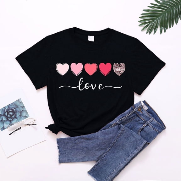 FASHOFT Valentines Shirts for Womens Summer Tops Funny Love Heart Printed Tees Casual Valentine Gifts Black L