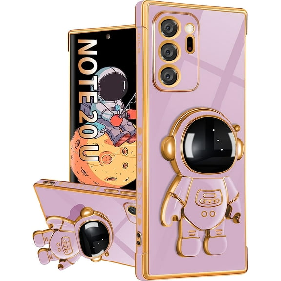 For Galaxy Note 20 Ultra Case, Cute Heart Pattern 6D Gold Plating Astronaut Hidden Stand Cases for Samsung Galaxy Note 20 Ultra 6.9 Inch-Purple