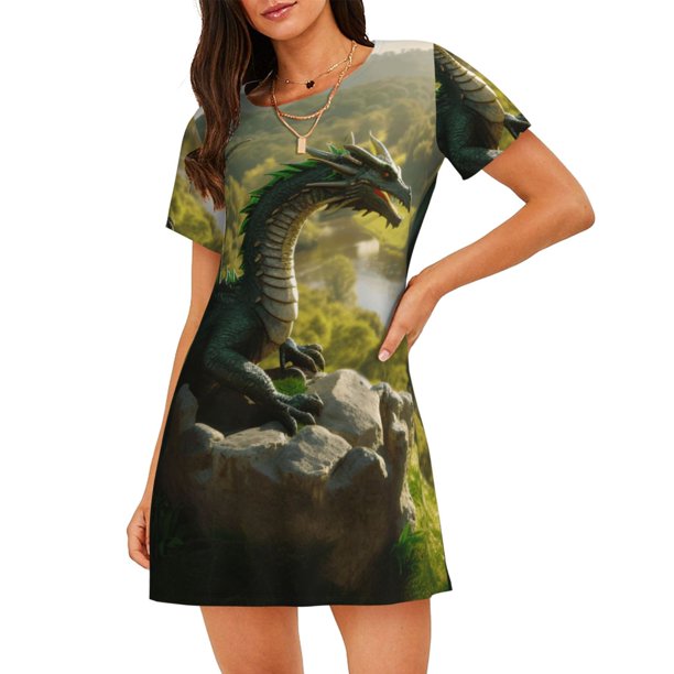 Fotbe Deep Forest Stone Green Dragon Bata de Dormir para Mujer con Estampado, Camisón de Algodón de Manga Corta, Ropa de Dormir Casual