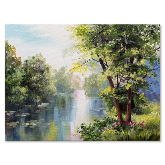 Lake In The Forest Summer Day - Landscape 8 in x 12 in Painting Canvas Art Print, by Designart