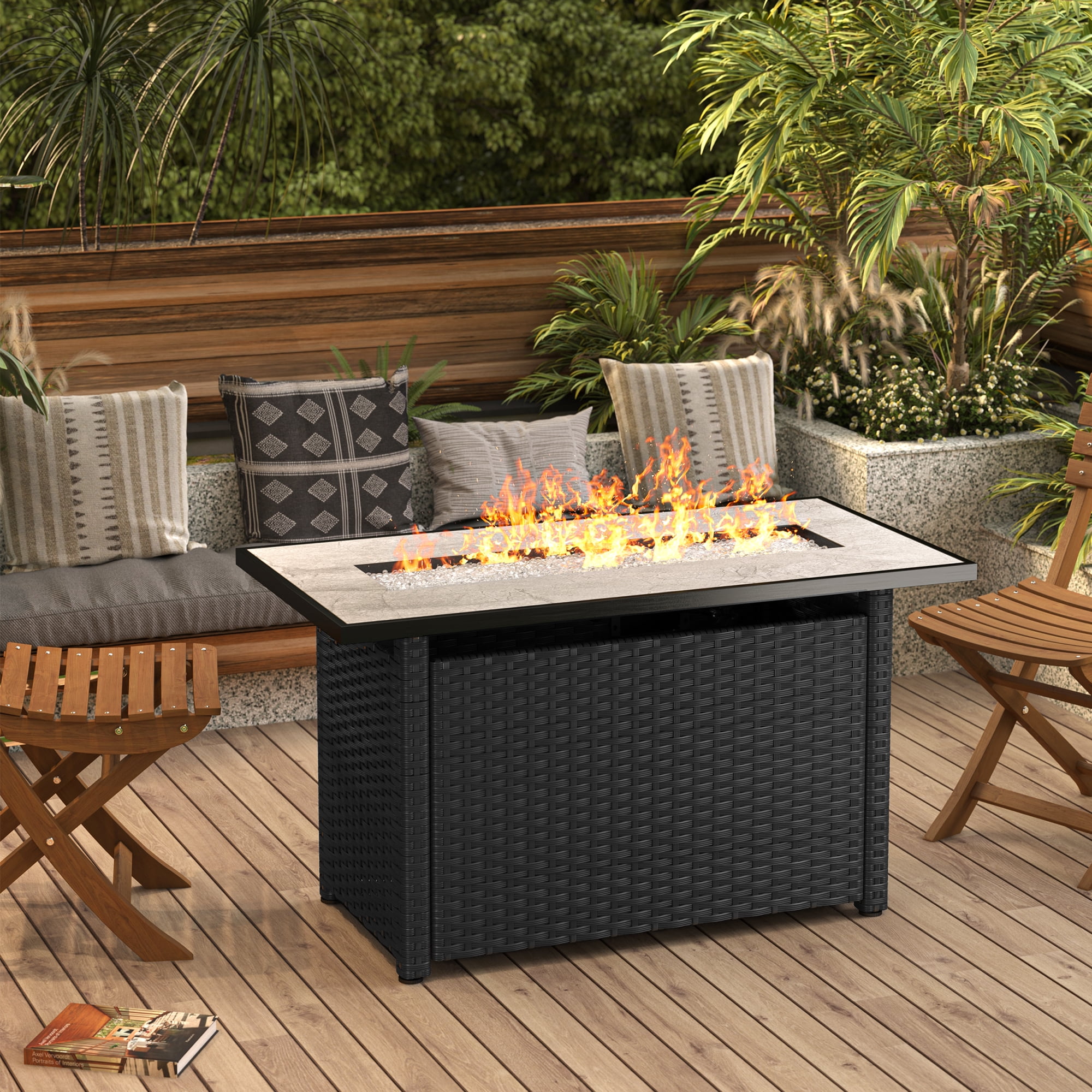 Asofer 5 PCS Outdoor Sectional Sofa Set PE Wicker Rattan Patio Furniture Set with a Fire Pit & a Glass Coffee Table for Backyard Porch Poolside Patio,Gray