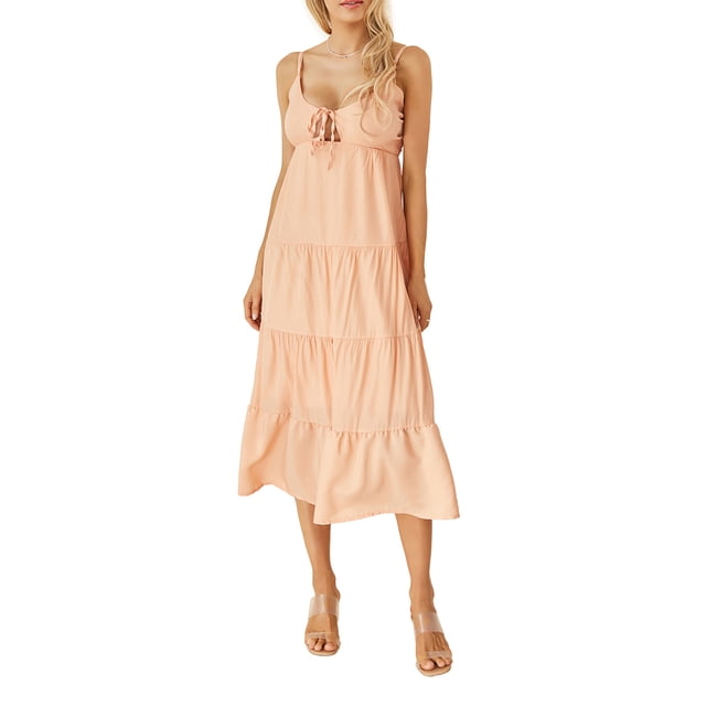 Kmbangi Robe Midi Cami d'Été pour Femmes Couleur Unie Bretelles Spaghetti Dos Nu Tie-Up Partie Beach A-line Robe