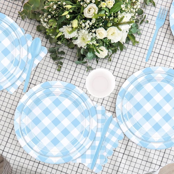 YUYAN-176 PCS Light Blue Gingham Round Plates and Napkins, Blue Checkered Disposable Plates Set with Napkins Cups Plastic Spoons Forks Knives for Dinner Birthday Baby Shower Wedding Supplies Serve 25
