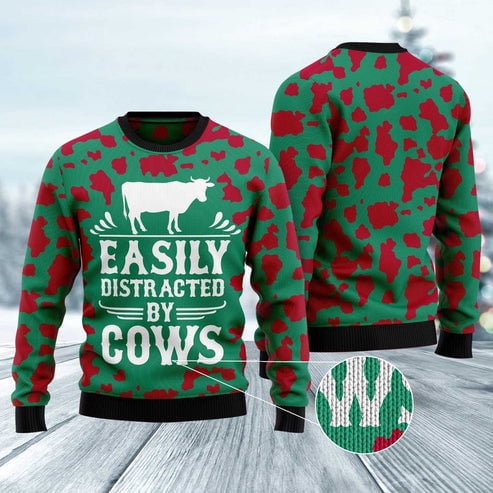 Easily Distracted By Cows 3D Christmas Sweater, Funny Xmas Sweater, Sweater Xmas