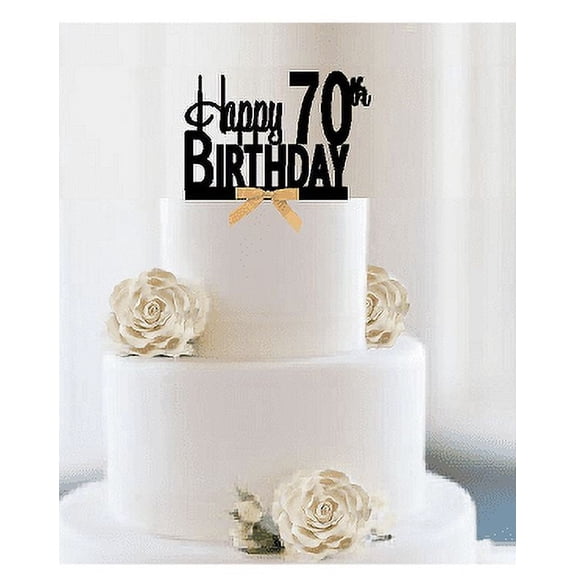 Item#070CTGR - Happy 70th Birthday Elegant Cake Decoration Topper with Gold Bow
