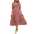 thumbnail image 2 of Awdenio Women's Cocktail Dresses, Women's Round-Neck Casual Short Sleeve Solid Waisted Layer Chiffon Dresses with Belt, 2 of 9