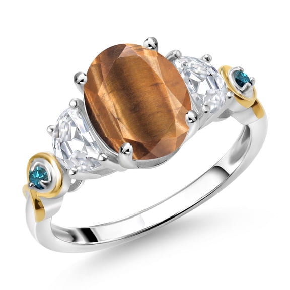 Gem Stone King 925 Silver and 10K Yellow Gold 3-Stone Ring Oval Brown Tiger Eye and Moissanite (2.01 Cttw, Size 6)