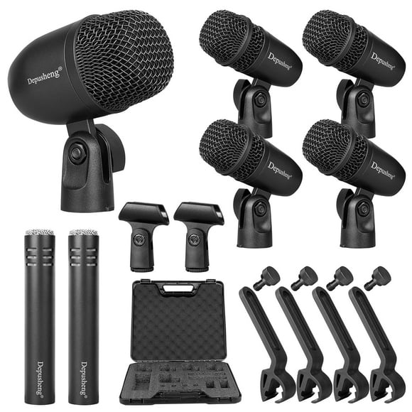 Depusheng 7-Piece Drum Microphone Set with 5 Dynamic Percussion Microphones and 2 Condenser Percussion Microphones Ideal for Instrument Recording and