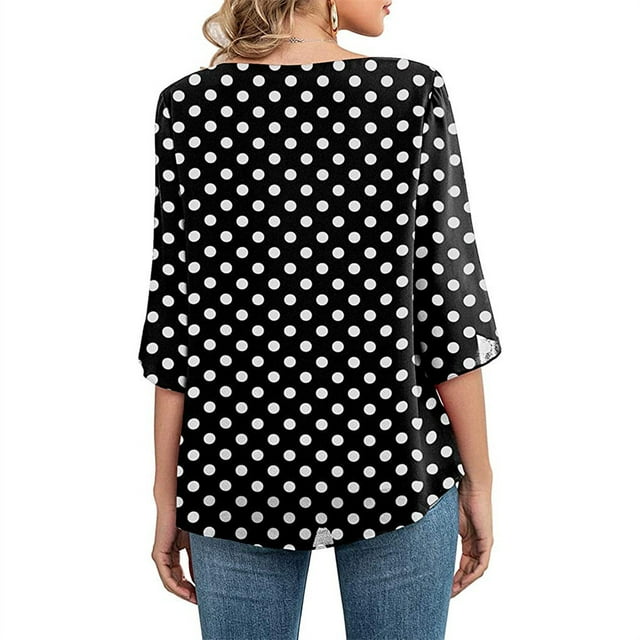 Chemisier Femme à Manches Mi-Longues Chemise Femme Chemise Imprimée Col Rond, Noir Blanc, Point, XL