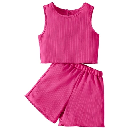 felwors Girl s 2 Piece Outfits Sleeveless Rib Knit Notched Neck Crop Tank Top and Shorts Set Tracksuit (4-5 Years Hot Pink)
