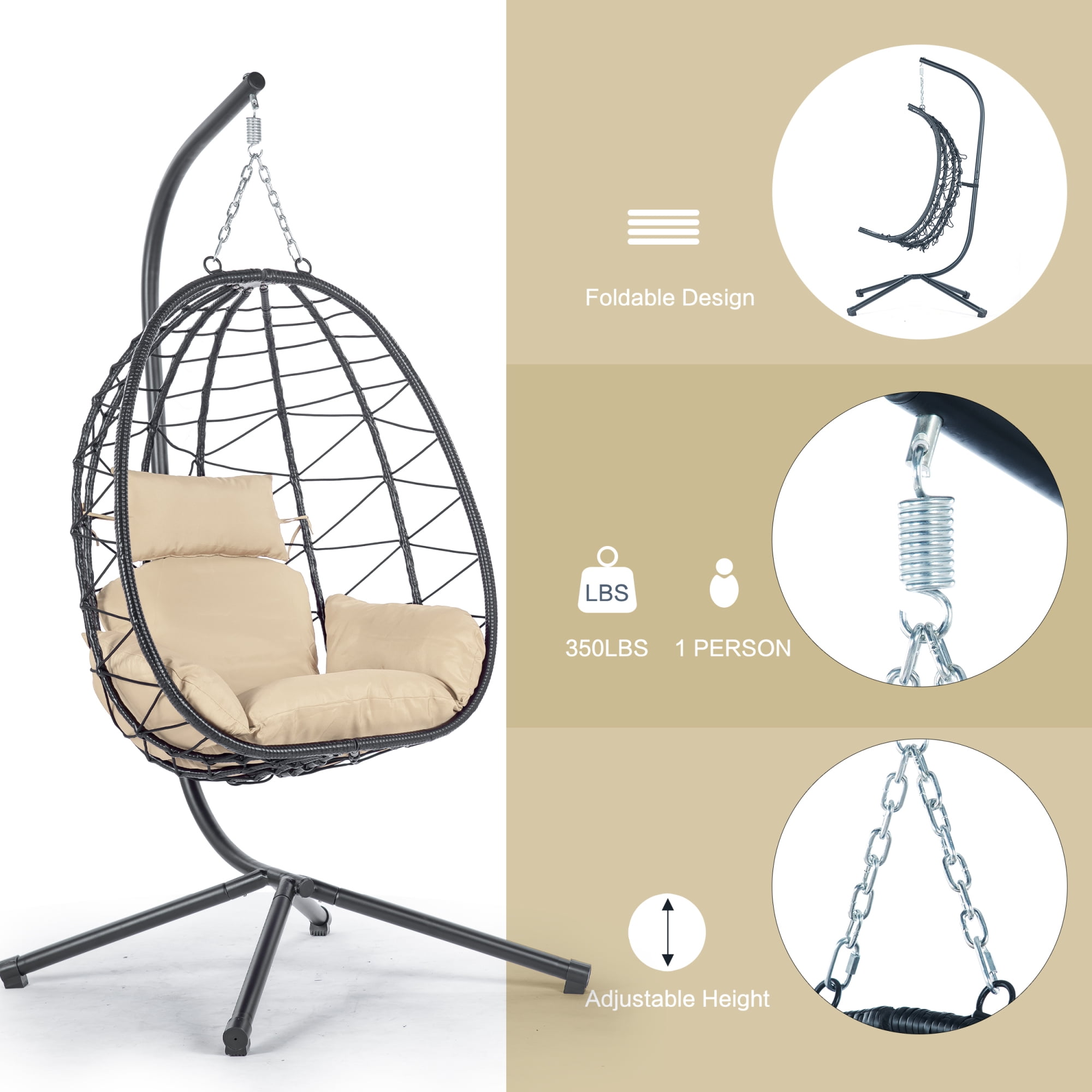 Egg Chair with Stand, Indoor Outdoor PE Wicker Hanging Egg Chair, Patio Swing Chair Basket Chair Hammock Chair with Stand for Bedroom Living Room Balcony, Beige