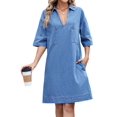 thumbnail image 3 of Vestido Camisero Vaquero para Mujer, de Verano, con Cuello en V, Minivestido Informal con Bolsillos. Azul S, 3 of 10