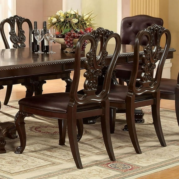 Newboti Furniture Traditional Intricate Back Design Set of 2 Side Chairs Brown Cherry Solid wood Chair Padded Leatherette Seat Kitchen Dining Room Furniture 09591