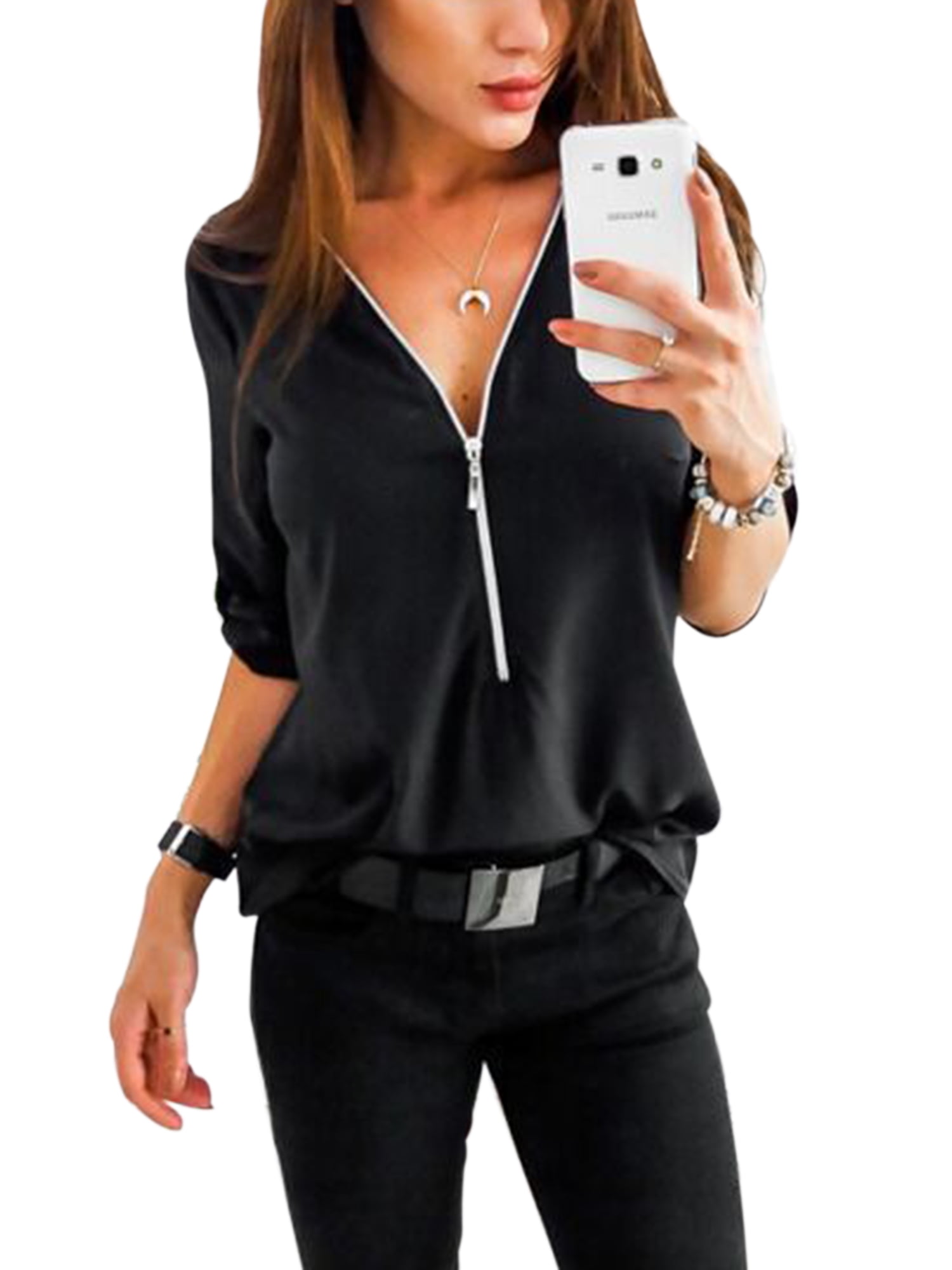 Women Lady Loose Chiffon Shirt Long Sleeve Zip V Neck T-Shirt Casual Tops Blouse