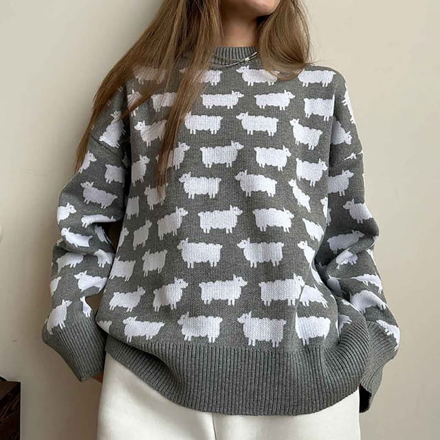 TINZ Chandail-Over Imprimé Confortable pour Femmes, Col Rond, Haut d'Hiver en Tricot, Manches Longues, Chandails à Capuchon Chauds