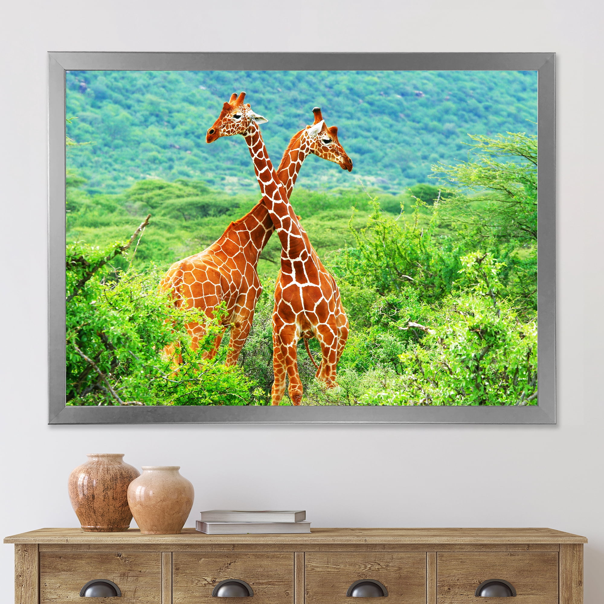 Designart 'Two Giraffes Fighting In Lush Green Wild' Farmhouse Framed Art Print