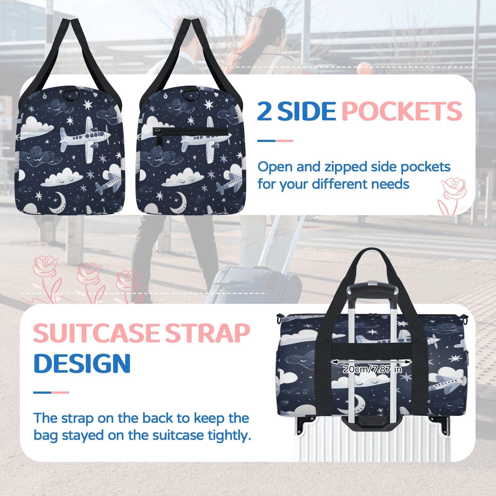 Herdesigns Aircraft Airplane Travel Duffle Bag Sports Yoga Weekender Overnight Carry on Workout Bags Lightweight Waterproof Gym Tote Bag for Women