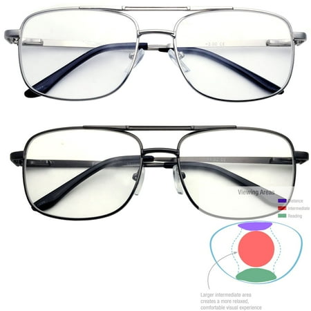 Multifocal Metal Frame Aviator No Line Progressive Reading Glasses Clear Lens, Silver, (Best Multifocal Reading Glasses)