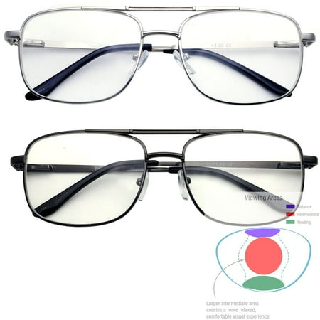 Multifocal Metal Frame Aviator No Line Progressive Reading Glasses Clear Lens, Silver, +1.00