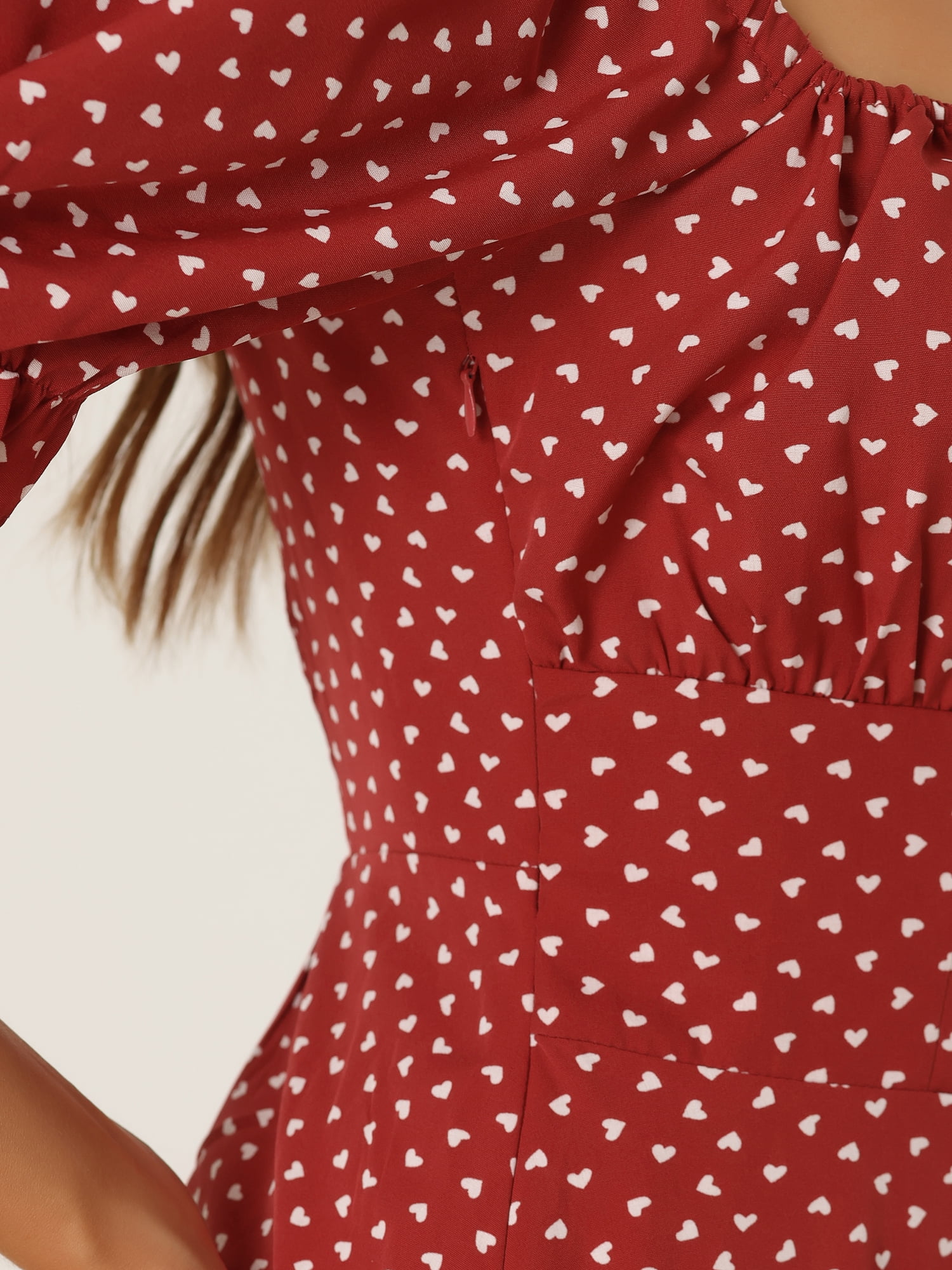 DARING DIVA Women's Heart Print Smocked Puff Sleeve Midi Dress M Red