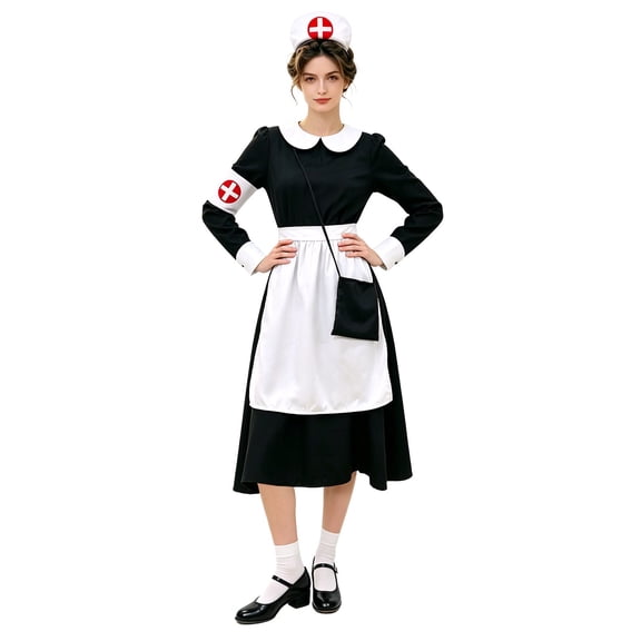 HOWPAY Adult Halloween Costumes Vintage Nurse Cosplay Set Black White Classic Nursing Uniform Role Play Outfit For Stage Performance Party Halloween Costume L