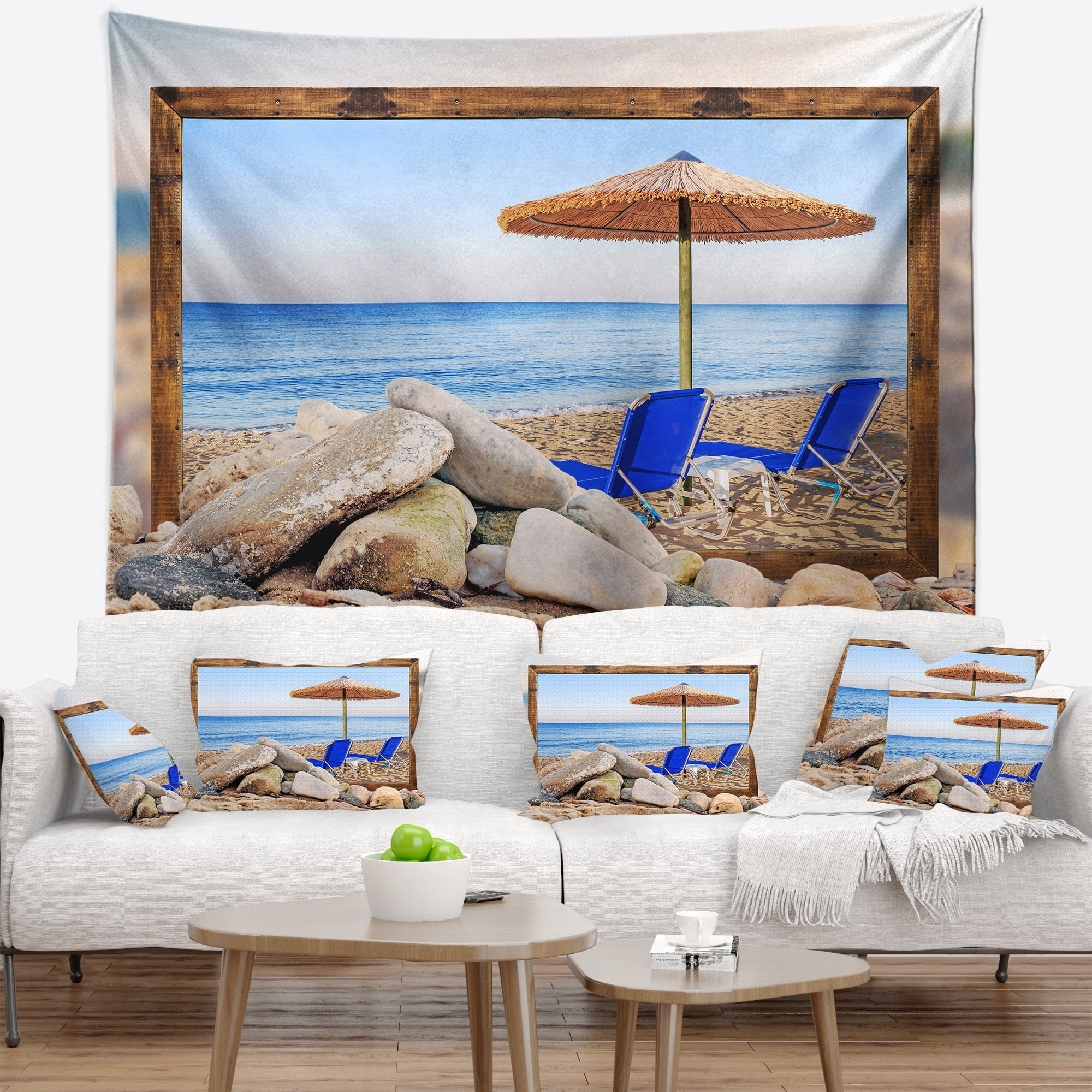 Design Art Designart Framed Effect Beach With Chairs Umbrella Seashore Photo Wall Tapestry Walmart Com Walmart Com