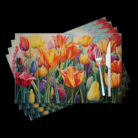 

Bahomeck Placemats Set Of 4 Rectangle Linen Cotton Placemats For Dining Table Fade Resistance Washable Heat Resistant，18*12Inch Tulips In Full Bloom With Rich Colors And Detailed Petals