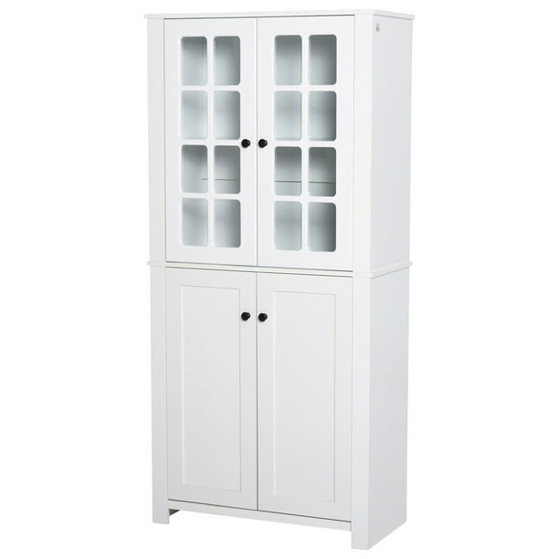 Homcom Contemporary Kitchen Pantry, Large White Storage Cabinet With Glass Doors