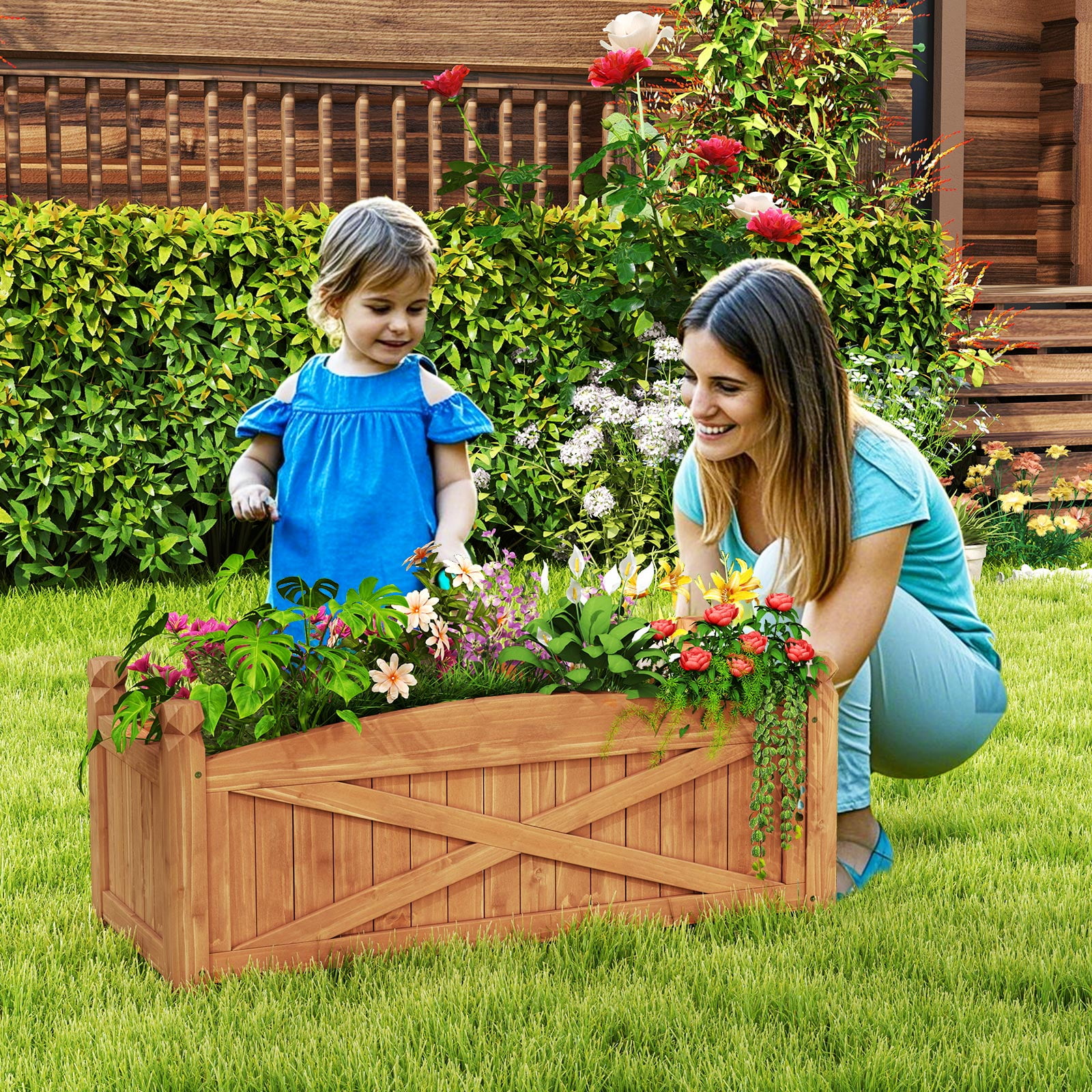 Gymax Wooden Raised Garden Bed Elevated Outdoor Planter Box w/ Drainage Holes for Patio