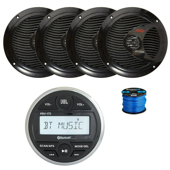 JBL PRV-175 Marine Gauge Mount USB Bluetooth AM/FM Digital Stereo Receiver, 4X 6.5" 150 Watt 2-Way Dual Cone Full Range Audio Speakers (Black) w/ Wire