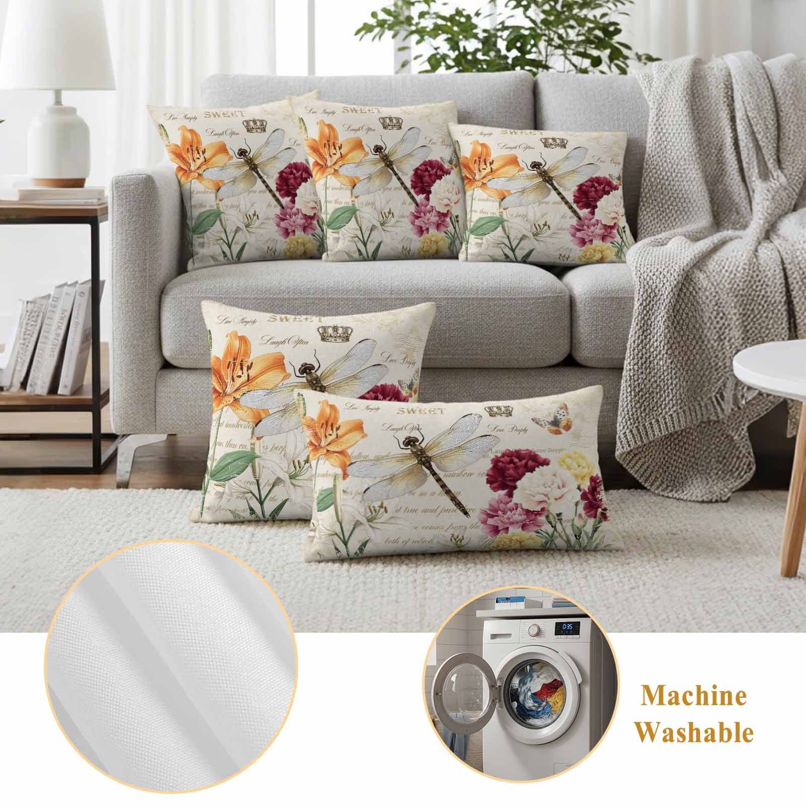 Outdoor Waterproof Pillow Covers Spring Blossom Flower Dragonfly Decorative Throw Pillow Protectors,Pillowcase Cushion Cases for Patio Sofa Garden Couch,16x16in,Pack of 2